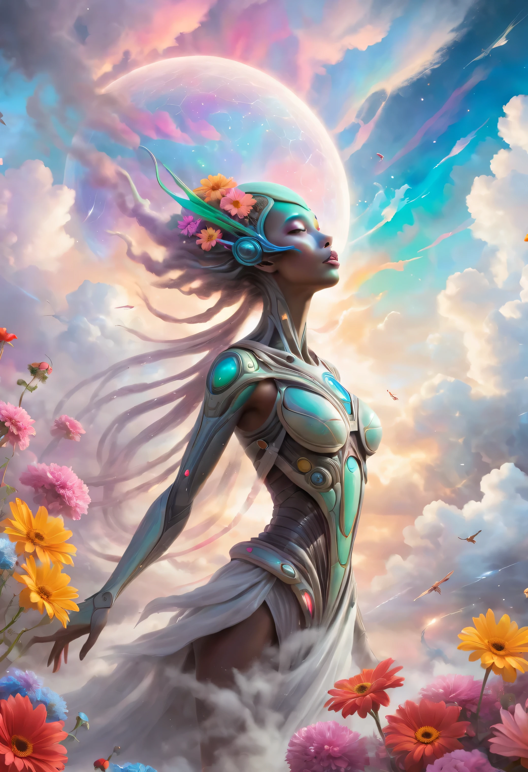 "((Ethereal)) depiction of an alien girl harmonizing with the clouds, vibrant splashes of color creating a symphony in the sky, flowers adding a touch of grace to this fantastical and dreamlike composition"