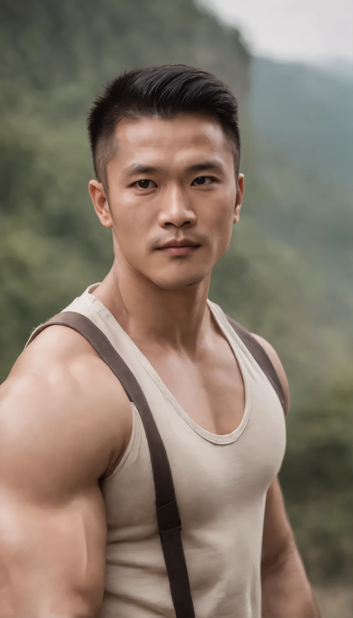 Asia man gymer wearing full vest , big muscle, height 190 cm, big shoulder, big muscle foot, (draww eye detail), (realestic)