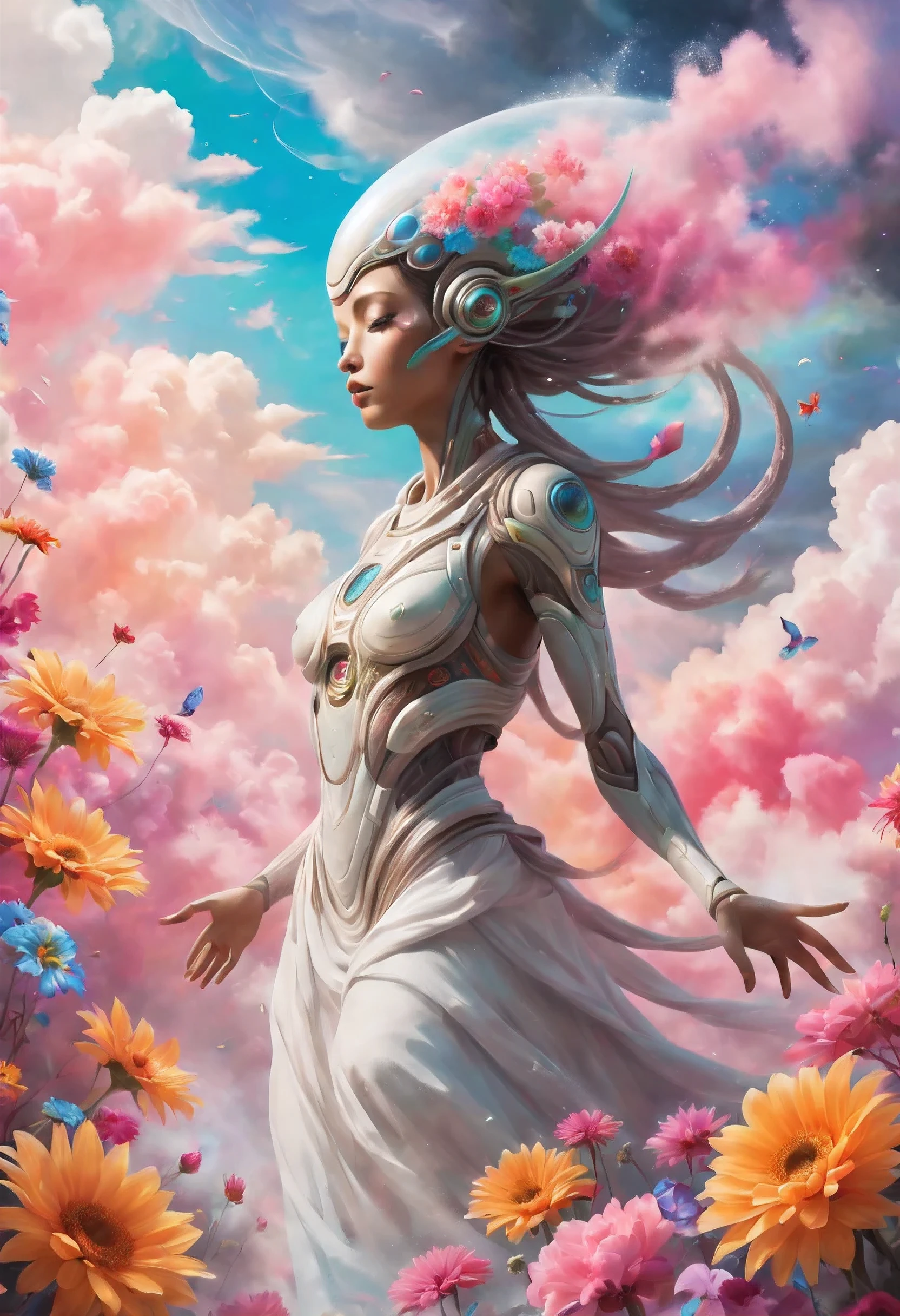 "((Ethereal)) depiction of an alien girl harmonizing with the clouds, vibrant splashes of color creating a symphony in the sky, flowers adding a touch of grace to this fantastical and dreamlike composition"