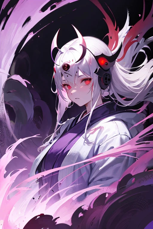 ghost woman, grey kimono, wearing samurai demon helmet, purple clouds, long grey hair, red glowing eyes