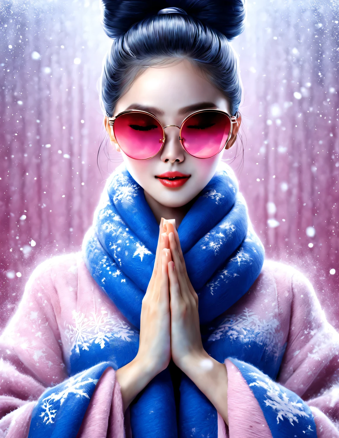 (Modern art fashion character design), Very unified CG, (Half-length close-up), falling snow background, snowfall,
(a beautiful chinese girl，With a gentle smile，Praying with hands together), (A very exaggerated one、A large royal blue woolen scarf covered half of her face: 1.1), (Wearing pink sunglasses，Comb your hair in a bun: 1.2), Harmonious combination of classic and modern, (pink sweater and jacket: 1.1), Girl fair and flawless smooth skin, high nose bridge, Raised pose, sad yet beautiful, slender figure, Exquisite facial features, swirling fog illustration, ink painting, black hair, meatball, Proud, Surrealism, contemporary art photography, action painting illustration, abstract expressionism, Pixar, depth of field, motion blur, backlight, radiation, decline, Head up angle, Sony FE General Manager, ultra high definition, masterpiece, accurate, textured skin, Super details, high detail, high quality, Award-winning, best quality, Level, 16k, Photographed from a bottom-up perspective, interesting,