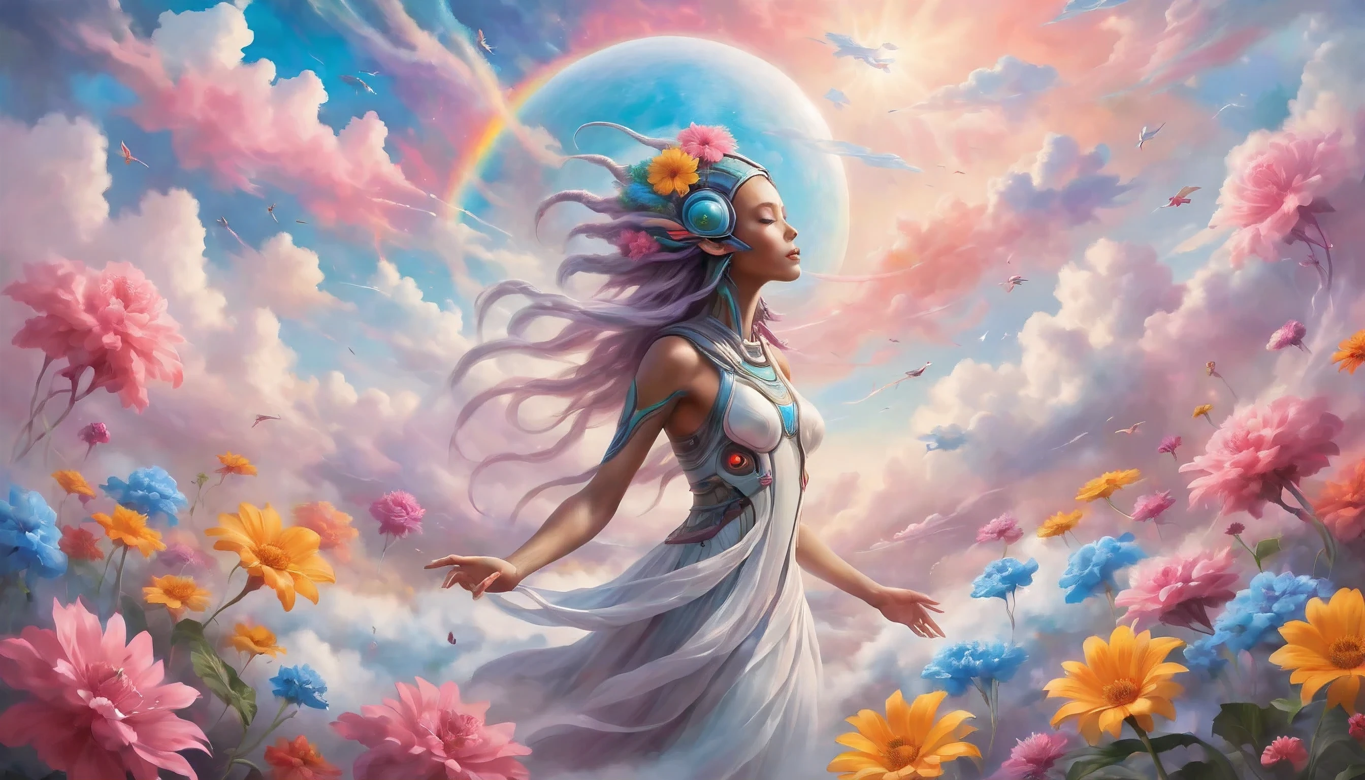 "((Ethereal)) depiction of an alien girl harmonizing with the clouds, vibrant splashes of color creating a symphony in the sky, flowers adding a touch of grace to this fantastical and dreamlike composition"