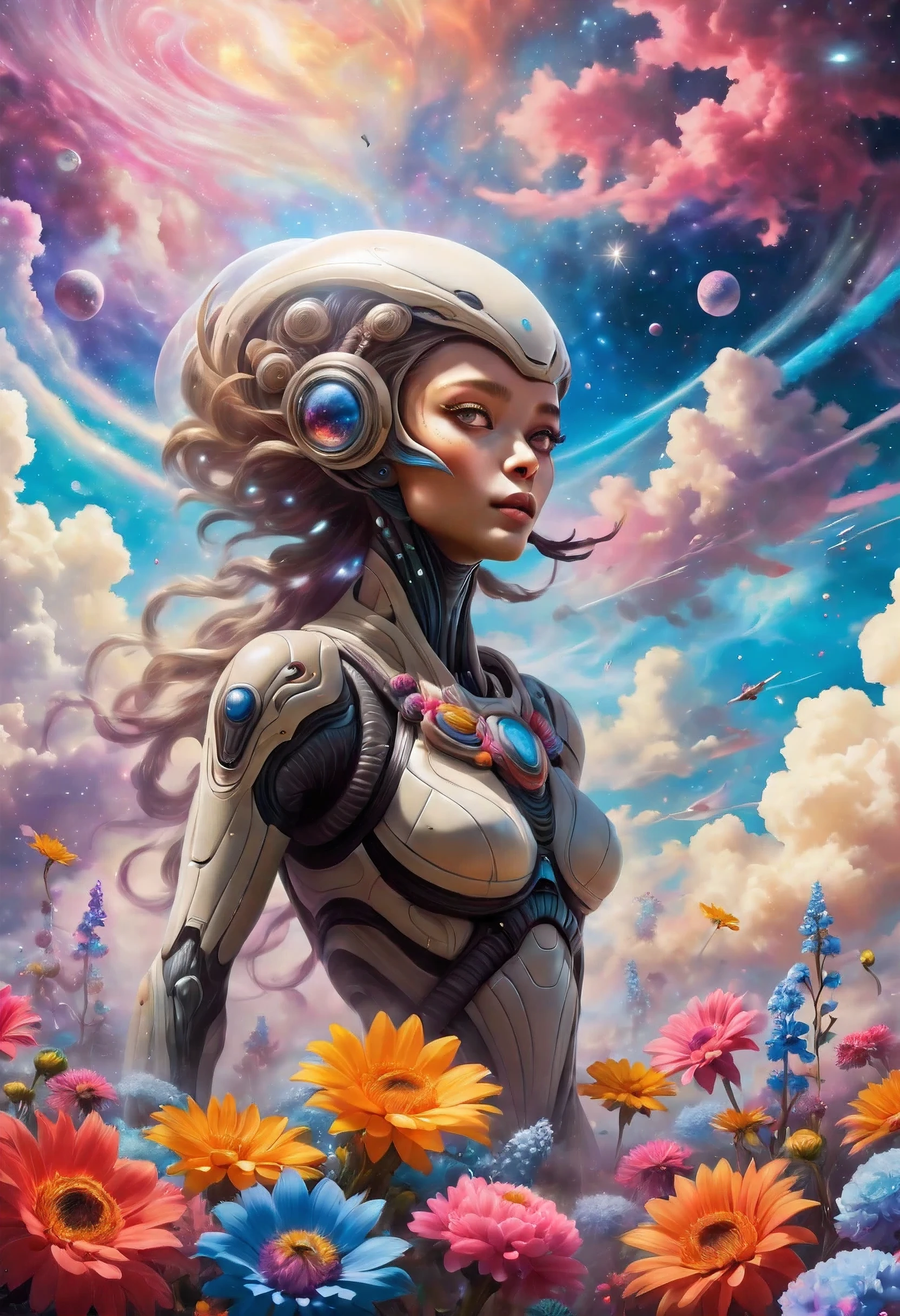 "((Galactic)) scene portraying an alien girl surrounded by a symphony of clouds, splashes of vivid colors, and delicate flowers, an imaginative composition that sparks the viewer's curiosity"