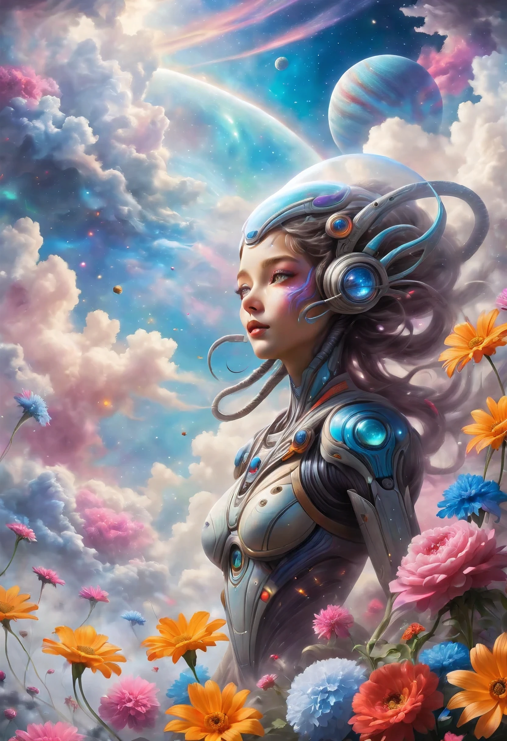 "((Galactic)) scene portraying an alien girl surrounded by a symphony of clouds, splashes of vivid colors, and delicate flowers, an imaginative composition that sparks the viewer's curiosity"