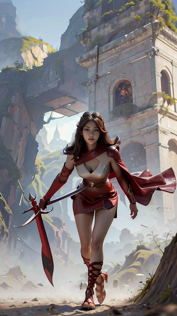 Woman in red silver dress, ((run)), Fight monsters, Immersive art station, ศิลปะFantasyที่มีรายละเอียด, Amazing character art, Excellent and neat character art, beautiful armor, very detailed, red armor girl, Exquisite headdresses and ornaments, (best quality, 10, Masterpiece :1.3), (realistic, ภาพrealistic: 1.37), (1 girl), (Beautiful women between the ages of 18-20), (thin), (Focus on the slender abdomen.. :1.3), (Korea), (Pastel colored leather dress, Long red leather cloak, Long red leather cloak, Show your arms and shoulders., white leather skirt, short leather skirt, Emphasize her legs., High groove,), (รองเท้าHeel Height), (Random pose), Huge breasts, exposed cleavage, ((dark brown hair, long hair)), exquisite face, Open the show, Fantasy, Slender figure, Very smooth face, Good eyes, Double eyelids, (long hair, Random hairstyles), (big girl :1.3), (outdoor), (Extraordinarily detailed face), (Detailed eyes), (Double eyelids), (Eyeshadow makes eyelashes look thicker.......), obscure, (Long legs, Heel Height), (((Whole body))), (professional lighting), (Photon mapping), (Radiation), red armor girl, silver armor girl, ((holding a big sword in hand)), (Look directly at the audience.....), cliff scene, mountain, cave mouth, stone, Dungeon