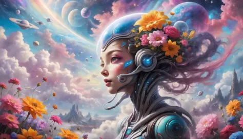 "((Galactic)) scene portraying an alien girl surrounded by a symphony of clouds, splashes of vivid colors, and delicate flowers,...