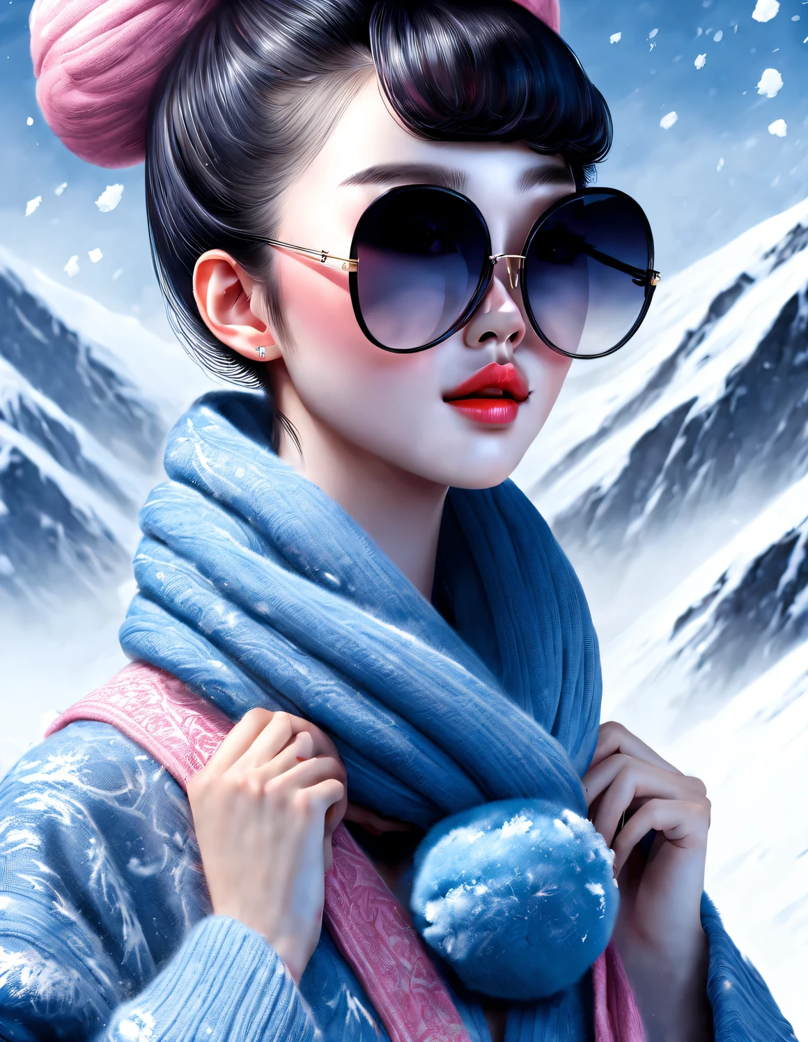 (Modern art fashion character design), Very unified CG, (Half-length close-up), falling snow background, snowfall,
(a beautiful chinese girl，With a gentle smile，Praying with hands together), (A very exaggerated one、A large royal blue woolen scarf covered half of her face: 1.1), (Wearing black sunglasses，Comb your hair in a bun: 1.2), Harmonious combination of classic and modern, (pink sweater and jacket: 1.1), Girl fair and flawless smooth skin, high nose bridge, Head up posture, sad yet beautiful, slender figure, Exquisite facial features, swirling fog illustration, ink painting, black hair, meatball, Proud, Surrealism, contemporary art photography, action painting illustration, abstract expressionism, Pixar, depth of field, motion blur, backlight, radiation, decline, Head up angle, Sony FE General Manager, ultra high definition, masterpiece, accurate, textured skin, Super details, high detail, high quality, Award-winning, best quality, Level, 16k, Photographed from a bottom-up perspective, interesting,