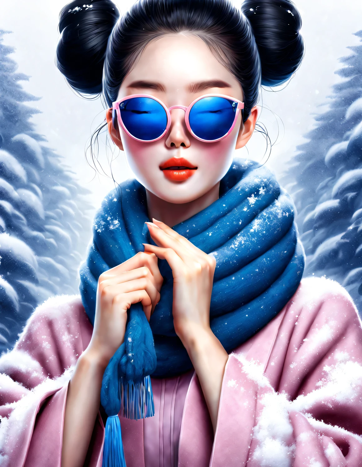 (Design de personagens de arte moderna e moda), CG muito unificado, (close-up de meio comprimento), fundo de neve caindo, queda de neve,
(uma linda garota chinesa，Com um sorriso suave，Orando com as mãos juntas), (Um muito exagerado、Um grande lenço de lã azul royal cobria metade do rosto dela.: 1.1), (Usando óculos escuros pretos，Penteie o cabelo em um coque: 1.2), Combinação harmoniosa de clássico e moderno, (suéter e jaqueta rosa: 1.1), Menina com pele lisa e perfeita, ponte nasal alta, Postura de cabeça erguida, triste mas lindo, Figura esbelta, características faciais requintadas, ilustração de névoa rodopiante, Pintura a tinta, Cabelo preto, almôndega, orgulhoso, Surrealismo, fotografia de arte contemporânea, ilustração de pintura de ação, expressionismo abstrato, Pixar, profundidade de campo, desfoque de movimento, luz de fundo, radiação, declínio, ângulo de cabeça para cima, Gerente Geral da Sony FE, ultra-alta definição, obra de arte, preciso, Pele texturizada, Super detalhes, alto detalhe, alta qualidade, premiado, melhor qualidade, Nível, 16k, Fotografado de uma perspectiva de baixo para cima, interessante,