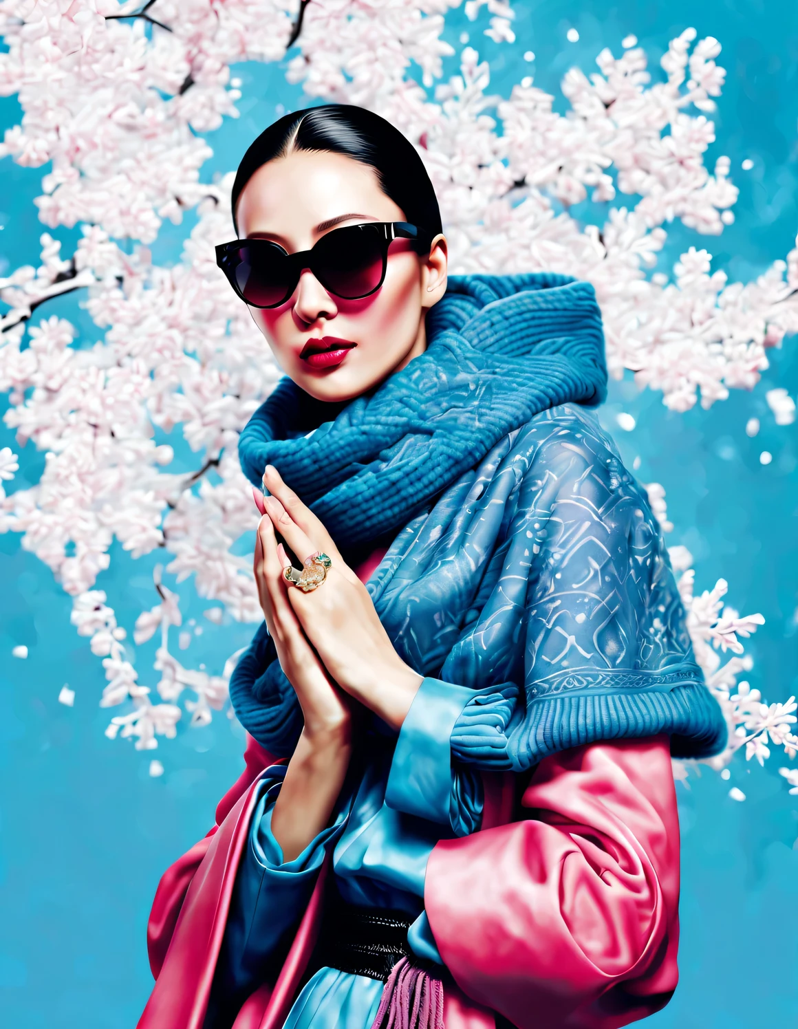 (Modern art fashion character design), Very unified CG, (Half-length close-up), falling snow background, snowfall,
(a beautiful chinese girl，With a gentle smile，Praying with hands together), (A very exaggerated one、A large royal blue woolen scarf covered half of her face: 1.1), (Wearing black sunglasses，Comb your hair in a bun: 1.2), Harmonious combination of classic and modern, (pink sweater and jacket: 1.1), Girl fair and flawless smooth skin, high nose bridge, Head up posture, sad yet beautiful, slender figure, Exquisite facial features, swirling fog illustration, ink painting, black hair, meatball, Proud, Surrealism, contemporary art photography, action painting illustration, abstract expressionism, Pixar, depth of field, motion blur, backlight, radiation, decline, Head up angle, Sony FE General Manager, ultra high definition, masterpiece, accurate, textured skin, Super details, high detail, high quality, Award-winning, best quality, Level, 16k, Photographed from a bottom-up perspective, interesting,