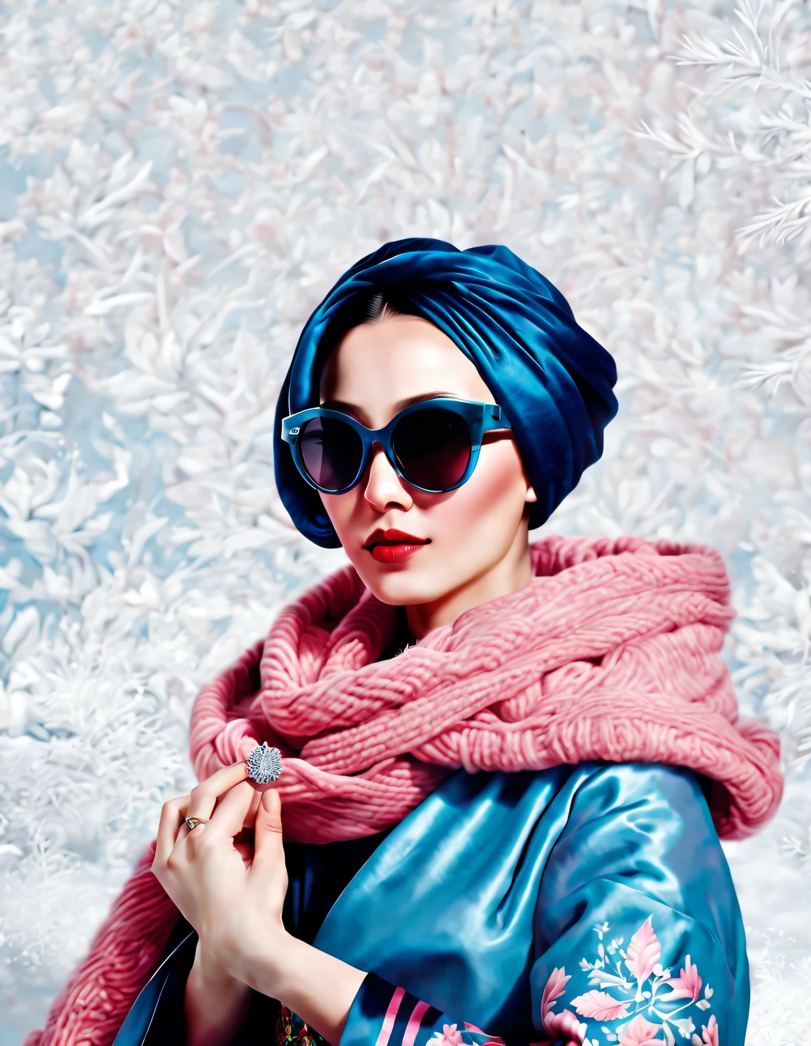 (Modern art fashion character design), Very unified CG, (Half-length close-up), falling snow background, snowfall,
(a beautiful chinese girl，With a gentle smile，Praying with hands together), (A very exaggerated one、A large royal blue woolen scarf covered half of her face: 1.1), (Wearing black sunglasses，Comb your hair in a bun: 1.2), Harmonious combination of classic and modern, (pink sweater and jacket: 1.1), Girl fair and flawless smooth skin, high nose bridge, Head up posture, sad yet beautiful, slender figure, Exquisite facial features, swirling fog illustration, ink painting, black hair, meatball, Proud, Surrealism, contemporary art photography, action painting illustration, abstract expressionism, Pixar, depth of field, motion blur, backlight, radiation, decline, Head up angle, Sony FE General Manager, ultra high definition, masterpiece, accurate, textured skin, Super details, high detail, high quality, Award-winning, best quality, Level, 16k, Photographed from a bottom-up perspective, interesting,