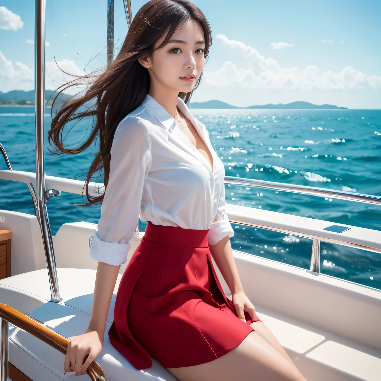 Máxima calidad de imagen,de la máxima calidad,mejor calidad,Obra maestra,4k,8k,chica japonesa,chicas de piel clara,barco de vela, en un yate, hermoso fondo,falda de moda,El fondo es un hermoso mar.,alegría