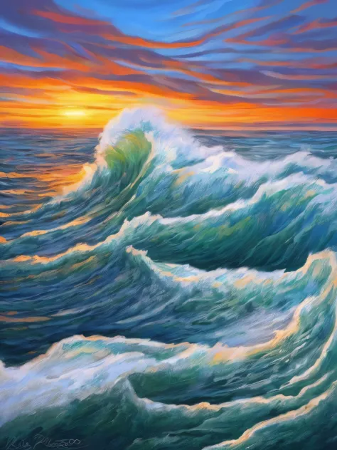 Paint a sunset over the ocean，Painting of waves crashing against the shore, author：Richard Seidron, beautiful digital painting, ...