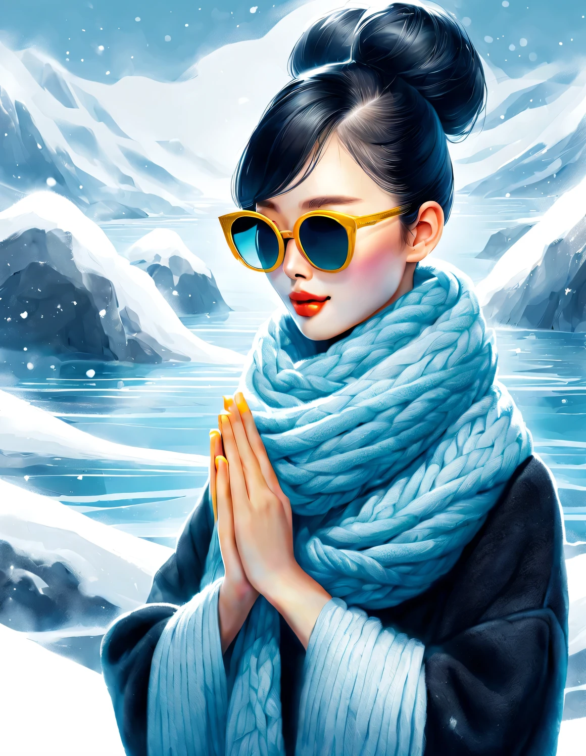 (Modern art fashion character design), Very unified CG, (Half-length close-up), falling snow background, snowfall,
(a beautiful chinese girl，With a gentle smile，Praying with hands together), (The exaggeratedly large navy blue wool scarf covered half of her face: 1.1), (wearing black sunglasses and combing bun tou: 1.2), Harmonious combination of classic and modern, (Sophisticated yellow sweater and coat: 1.1), Girl fair and flawless smooth skin, high nose bridge, Head up posture, sad yet beautiful, slender figure, Exquisite facial features, swirling fog illustration, ink painting, black hair, bun tou, Proud, Surrealism, contemporary art photography, action painting illustration, visual expressionism, Pixar, deep scenery, motion blur, backlight, radiation, decline, Head up angle, Sony FE General Manager, ultra high definition, masterpiece, Accuracy, textured skin, Super details, high detail, high quality, Award-winning, best quality, Level, 16k, Photographed from a bottom-up perspective, interesting,