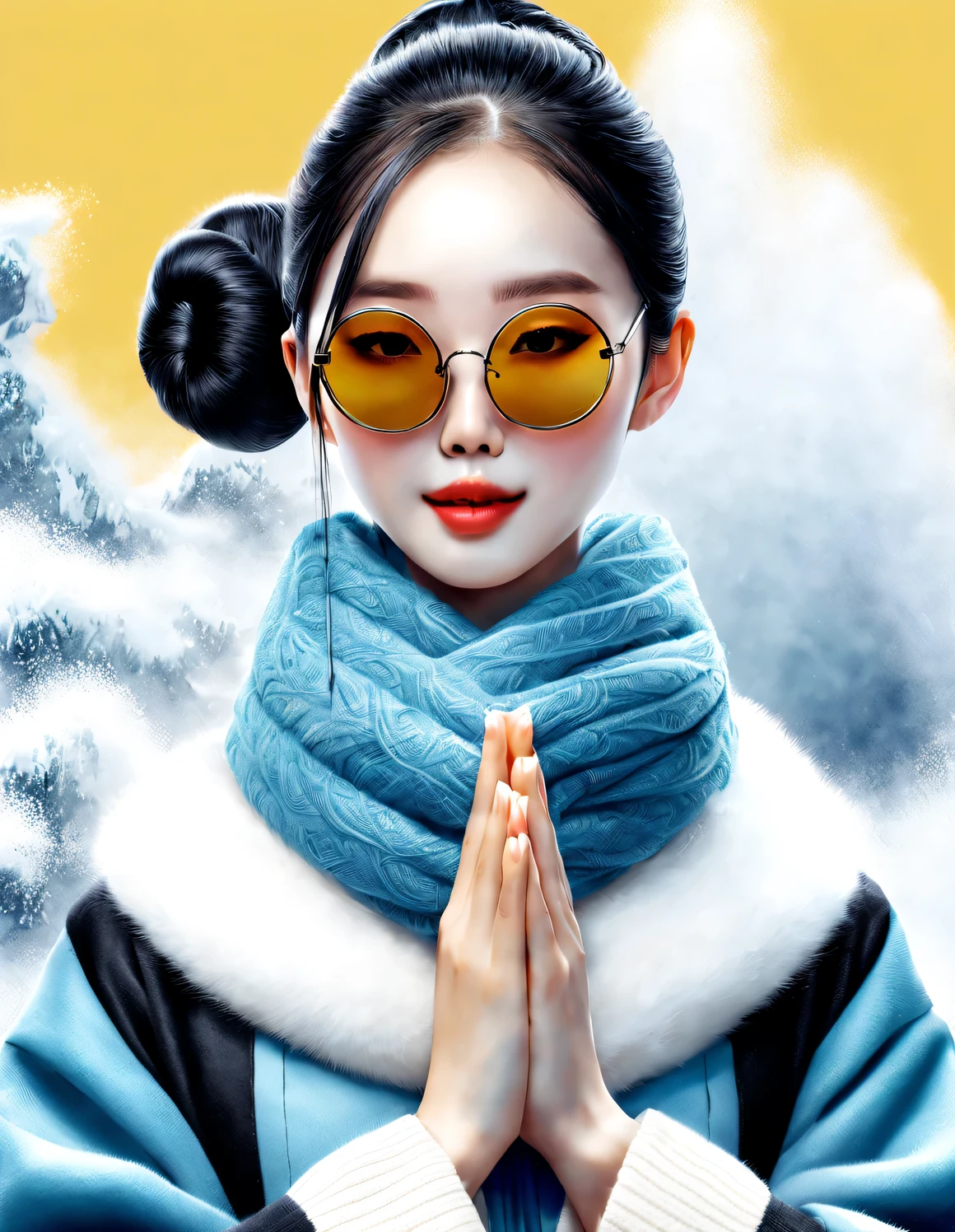 (Modern art fashion character design), Very unified CG, (Half-length close-up), falling snow background, snowfall,
(a beautiful chinese girl，With a gentle smile，Praying with hands together), (The exaggeratedly large navy blue wool scarf covered half of her face: 1.1), (wearing black sunglasses and combing bun tou: 1.2), Harmonious combination of classic and modern, (Sophisticated yellow sweater and coat: 1.1), Girl fair and flawless smooth skin, high nose bridge, Head up posture, sad yet beautiful, slender figure, Exquisite facial features, swirling fog illustration, ink painting, black hair, bun tou, Proud, Surrealism, contemporary art photography, action painting illustration, visual expressionism, Pixar, deep scenery, motion blur, backlight, radiation, decline, Head up angle, Sony FE General Manager, ultra high definition, masterpiece, Accuracy, textured skin, Super details, high detail, high quality, Award-winning, best quality, Level, 16k, Photographed from a bottom-up perspective, interesting,