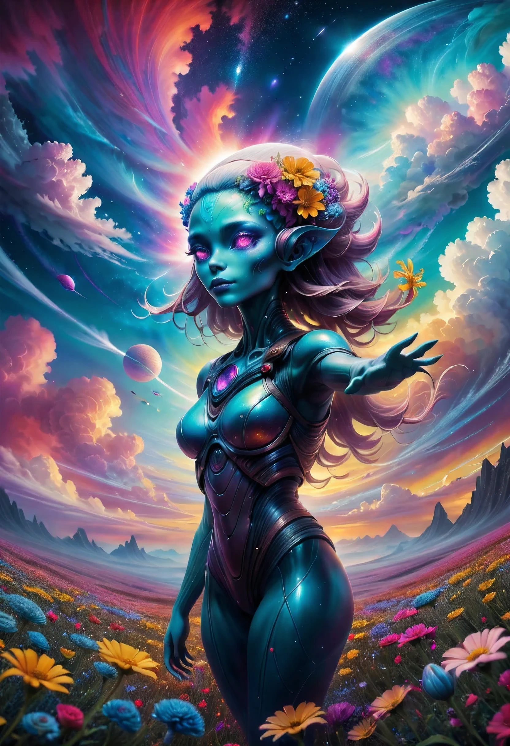 "((Galactic)) scene portraying an alien girl surrounded by a symphony of clouds, splashes of vivid colors, and delicate flowers, an imaginative composition that sparks the viewer's curiosity"