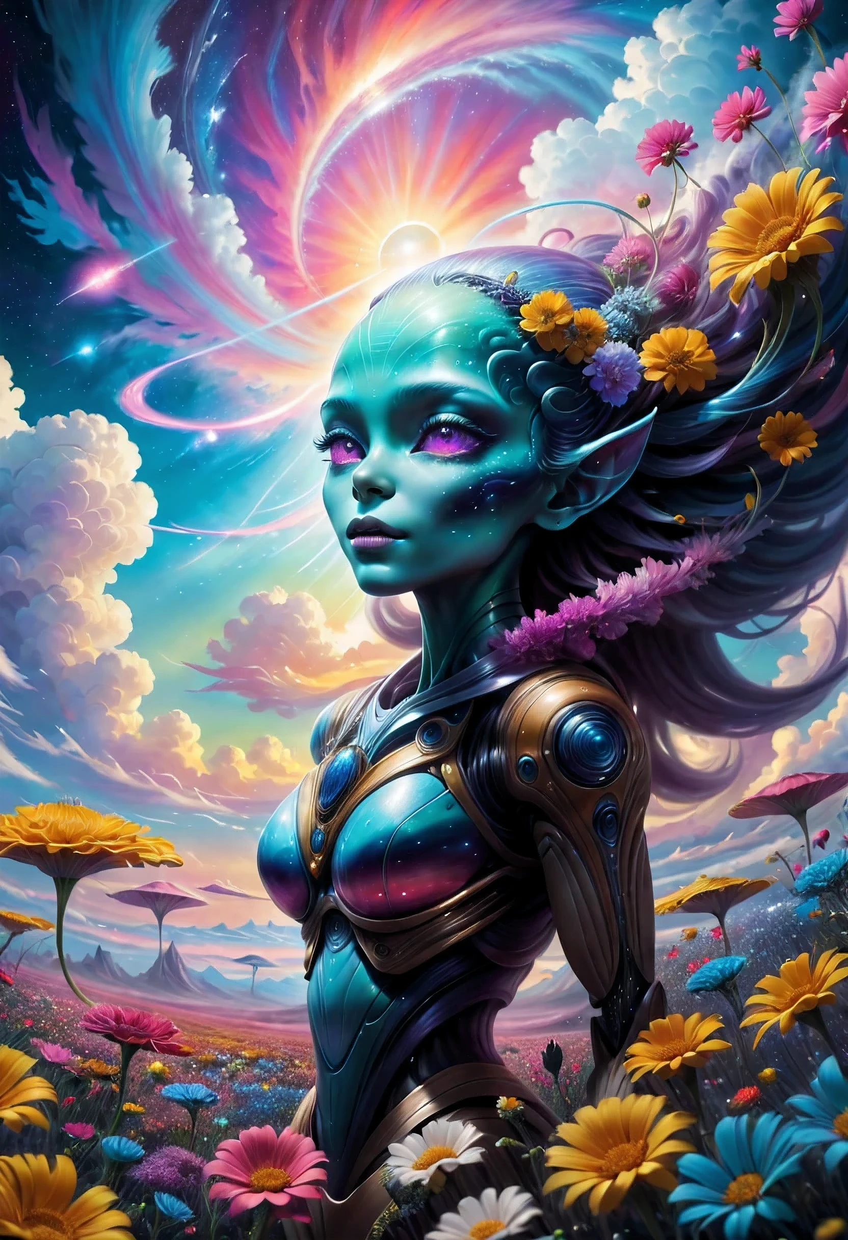 "((Galactic)) scene portraying an alien girl surrounded by a symphony of clouds, splashes of vivid colors, and delicate flowers, an imaginative composition that sparks the viewer's curiosity"