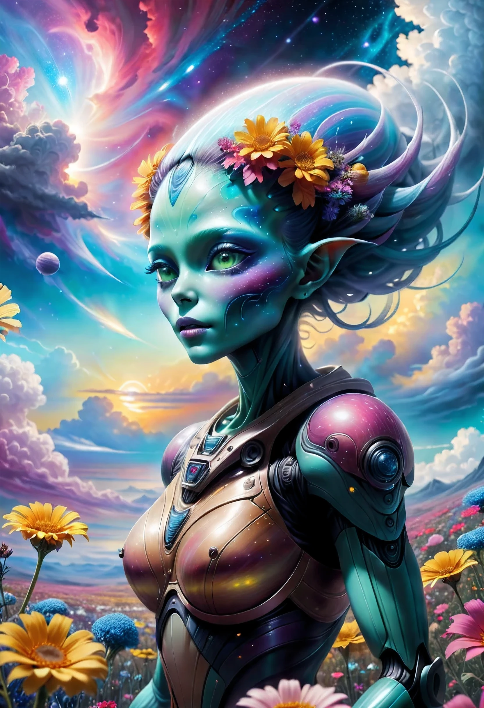 "((Galactic)) scene portraying an alien girl surrounded by a symphony of clouds, splashes of vivid colors, and delicate flowers, an imaginative composition that sparks the viewer's curiosity"