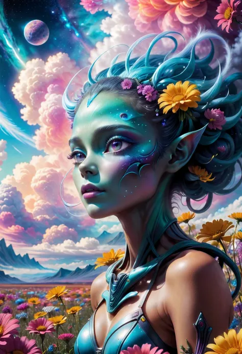 "((Galactic)) scene portraying an alien girl surrounded by a symphony of clouds, splashes of vivid colors, and delicate flowers,...