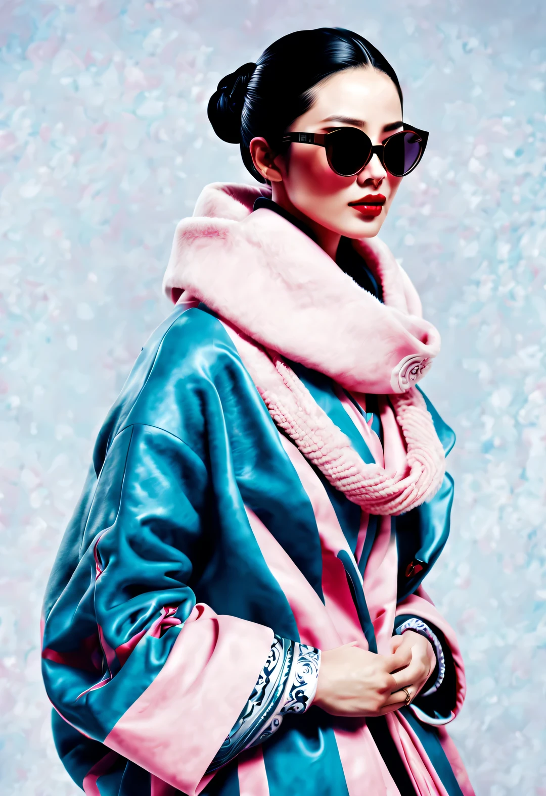 (Modern art fashion character design), Very unified CG, (Half-length close-up), falling snow background, snowfall,
(a beautiful chinese girl，With a gentle smile，Praying with hands together), (A very exaggerated one、A large royal blue woolen scarf covered half of her face: 1.1), (Wearing black sunglasses，Comb your hair in a bun: 1.2), Harmonious combination of classic and modern, (pink sweater and jacket: 1.1), Girl fair and flawless smooth skin, high nose bridge, Head up posture, sad yet beautiful, slender figure, Exquisite facial features, swirling fog illustration, ink painting, black hair, meatball, Proud, Surrealism, contemporary art photography, action painting illustration, abstract expressionism, Pixar, depth of field, motion blur, backlight, radiation, decline, Head up angle, Sony FE General Manager, ultra high definition, masterpiece, accurate, textured skin, Super details, high detail, high quality, Award-winning, best quality, Level, 16k, Photographed from a bottom-up perspective, interesting,