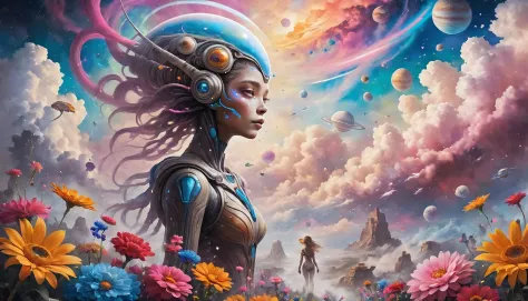 "((Galactic)) scene portraying an alien girl surrounded by a symphony of clouds, splashes of vivid colors, and delicate flowers,...