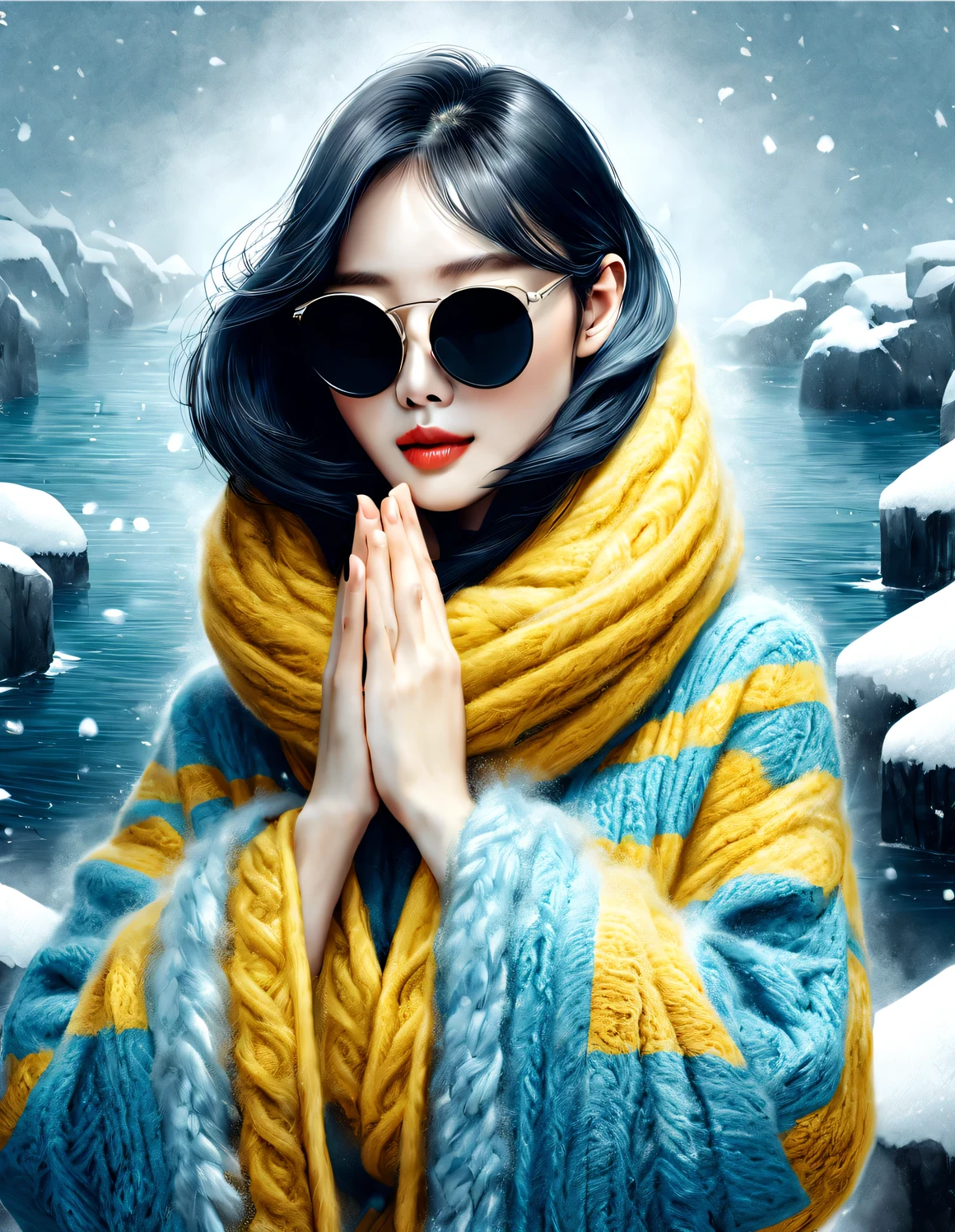(현대 미술 패션 캐릭터 디자인), 매우 통일된 CG, (절반 길이 클로즈업), 떨어지는 눈 배경, 강설량,
(아름다운 중국 여자，온화한 미소로，두 손을 모아 기도하다), (과장되게 큰 남색 울 스카프가 얼굴의 절반을 덮었습니다.: 1.1), (세련된 노란색 스웨터와 코트: 1.1), (wearing black sunglasses and combing 미트볼: 1.2), 클래식과 모던의 조화로운 조화, 소녀의 뽀얗고 결점 없이 매끈한 피부, 높은 콧대, 제기 포즈, 슬프면서도 아름답다, 날씬한 몸매, 절묘한 얼굴 특징, 소용돌이 치는 안개 그림, 수묵화, 흑발, 미트볼, 자랑스러운, 초현실주의, 현대 미술 사진, 액션 페인팅 일러스트레이션, 추상 표현주의, 픽사, 피사계 심도, 모션 블러, 백라이트, 방사능, 감소, 헤드업 각도, 소니 FE 총괄 매니저, 초고화질, 걸작, 정확한, 질감 있는 피부, 슈퍼 디테일, 높은 디테일, 고품질, 수상 경력이 있는, 최고의 품질, 수준, 16,000, 상향식 관점에서 촬영, 흥미로운,