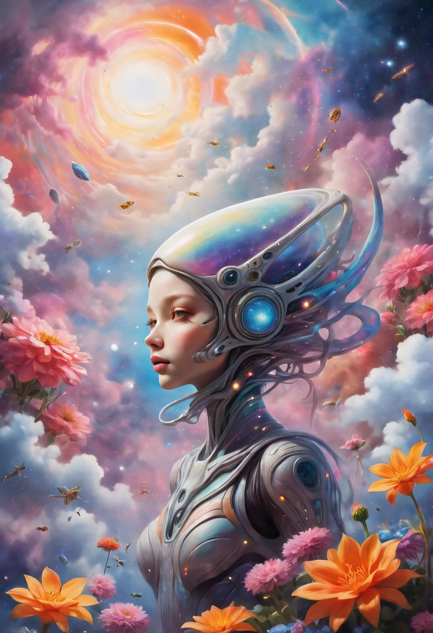 "((Galactic)) scene portraying an alien girl surrounded by a symphony of clouds, splashes of vivid colors, and delicate flowers, an imaginative composition that sparks the viewer's curiosity"