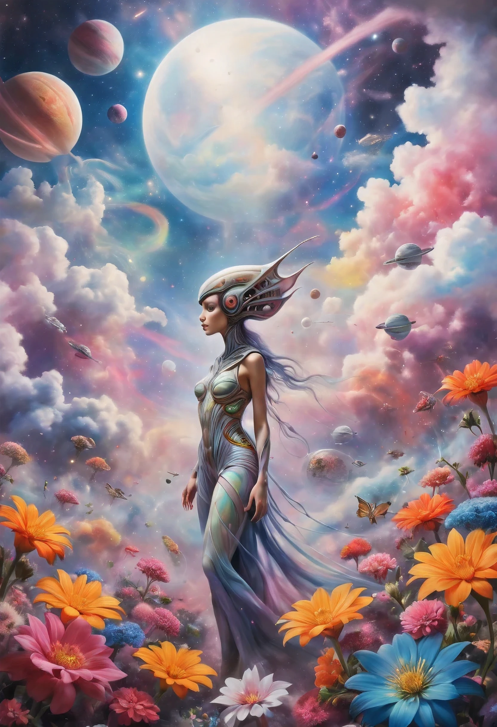 "((Galactic)) scene portraying an alien girl surrounded by a symphony of clouds, splashes of vivid colors, and delicate flowers, an imaginative composition that sparks the viewer's curiosity"