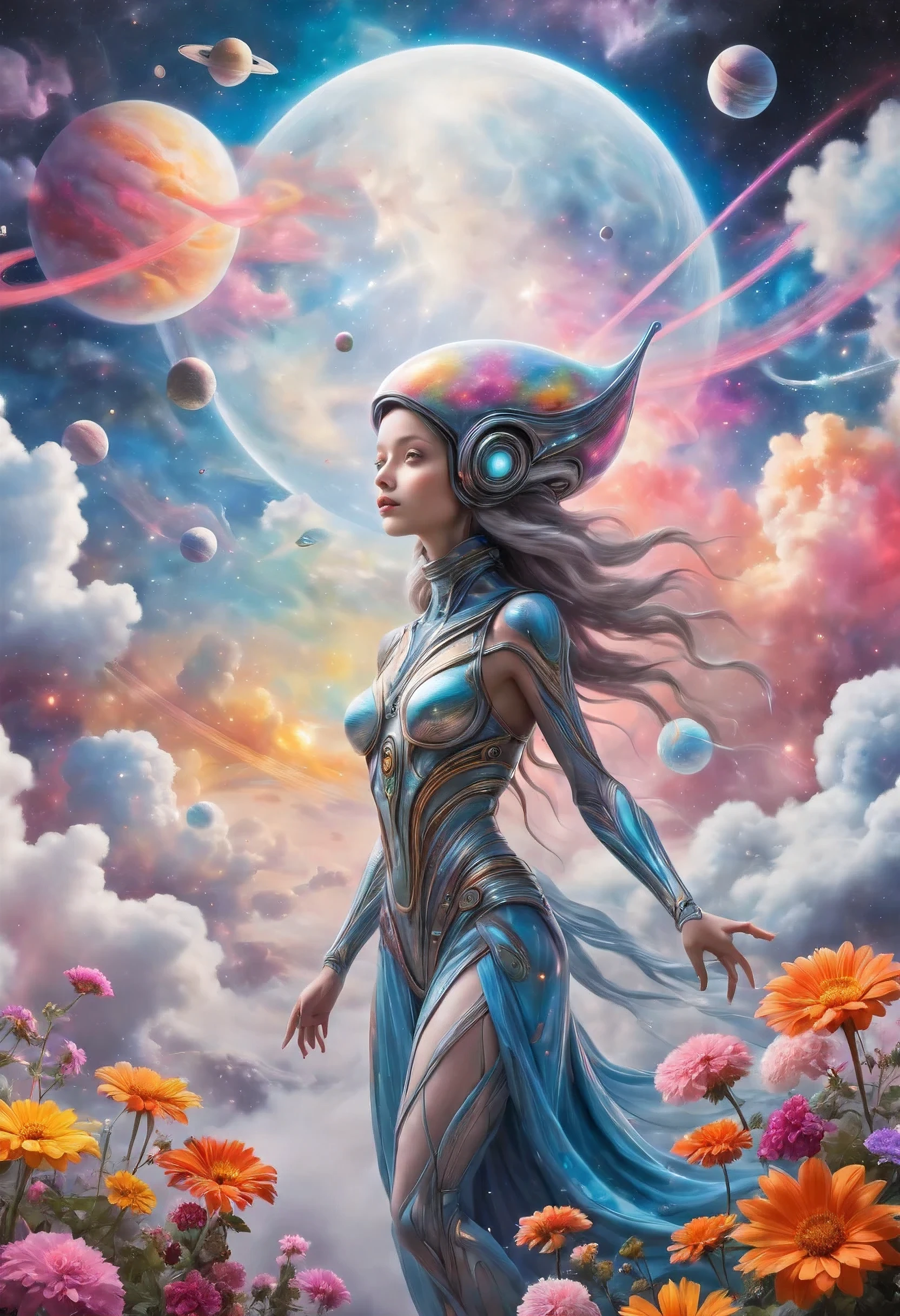 "((Galactic)) scene portraying an alien girl surrounded by a symphony of clouds, splashes of vivid colors, and delicate flowers, an imaginative composition that sparks the viewer's curiosity"