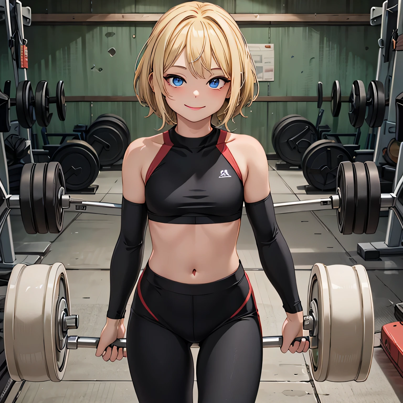 Best quality, masterpiece, small breasts, Baby girl, smile, leggings, One, anime style, gym, Blue eyes, Detailed eyes, medium hair, blonde hair, loose hair, clap, foreground, Tight belly