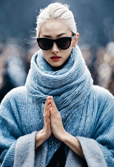 (Modern art fashion character design), Very unified CG, (Half-length close-up), falling snow background, snowfall,
(a beautiful chinese girl，With a gentle smile，Praying with hands together), (The exaggeratedly large navy blue wool scarf covered half of her...