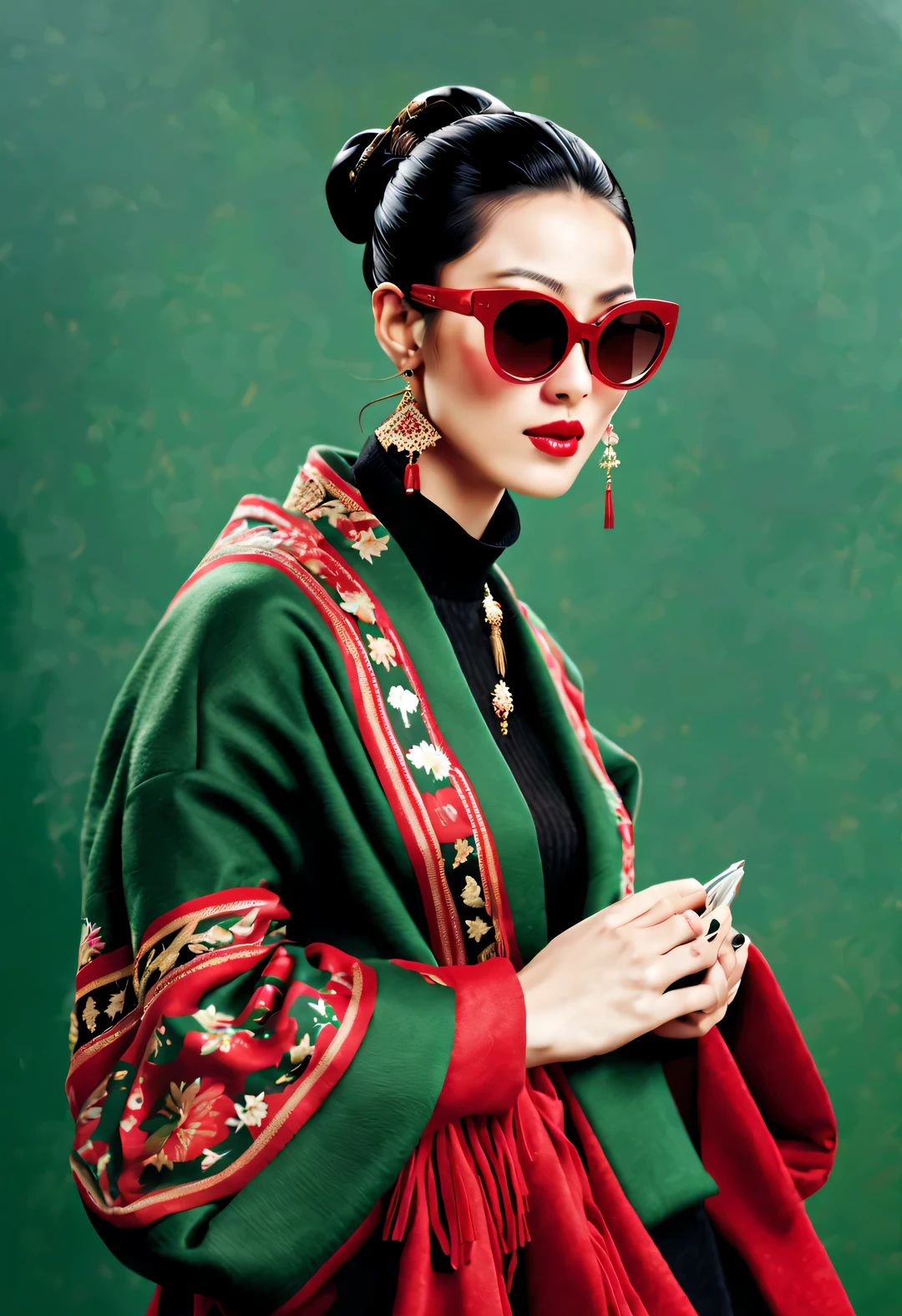 (현대 미술 패션 캐릭터 디자인), 매우 통일된 CG, (절반 길이 클로즈업), 떨어지는 눈 배경, 강설량,
(아름다운 중국 여자，온화한 미소로，두 손을 모아 기도하다), (과장된 빨간색 넓은 모직 스카프가 얼굴의 절반을 덮었습니다.: 1.1), (짙은 녹색 스웨터와 재킷: 1.1), (검은 색 선글라스를 착용，머리를 롤빵으로 빗어주세요: 1.2), 클래식과 모던의 조화로운 조화, 소녀의 뽀얗고 결점 없이 매끈한 피부, 하이 노즈 브릿지, 머리를 든 자세, 슬프면서도 아름답다, 날씬한 몸매, 절묘한 얼굴 특징, 소용돌이 치는 안개 그림, 수묵화, 흑발, 미트볼, 자랑스러운, 초현실주의, 현대 미술 사진, 액션 페인팅 일러스트레이션, 추상 표현주의, 픽사, 피사계 심도, 모션 블러, 백라이트, 방사능, 감소, 헤드업 각도, 소니 FE 총괄 매니저, 초고화질, 걸작, 정확한, 질감 있는 피부, 슈퍼 디테일, 높은 디테일, 고품질, 수상 경력이 있는, 최고의 품질, 수준, 16,000, 상향식 관점에서 촬영, 흥미로운,