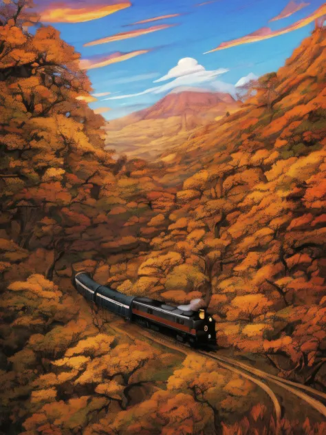 landscape, A mountain in the jungle, AA train is moving from the top, the train is in the style of an 18th century steam train, ...
