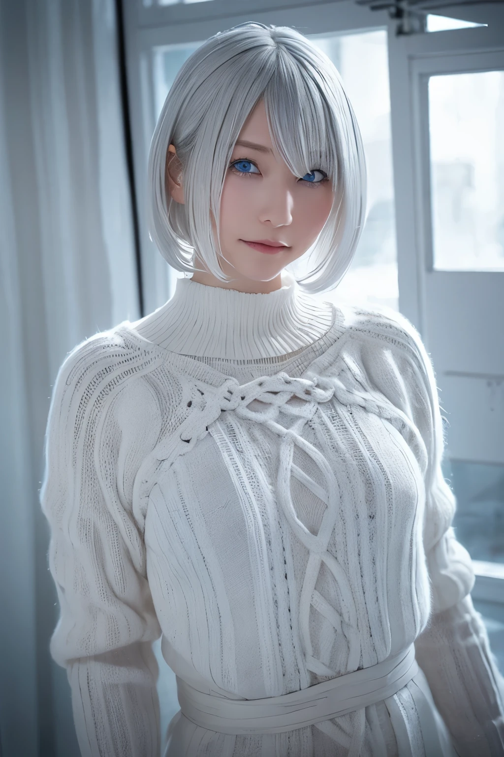 ((High quality)),masutepiece,(Detailed depiction of local details:1.2),1girl in,Blue eyes,large full breasts,Closed mouth,Eyelashes,Looking at Viewer,Portrait,Solo,Upper body,White hair,White knit sweater,Short hair,Silver hair,shairband,Yorha No. 2 Type B,