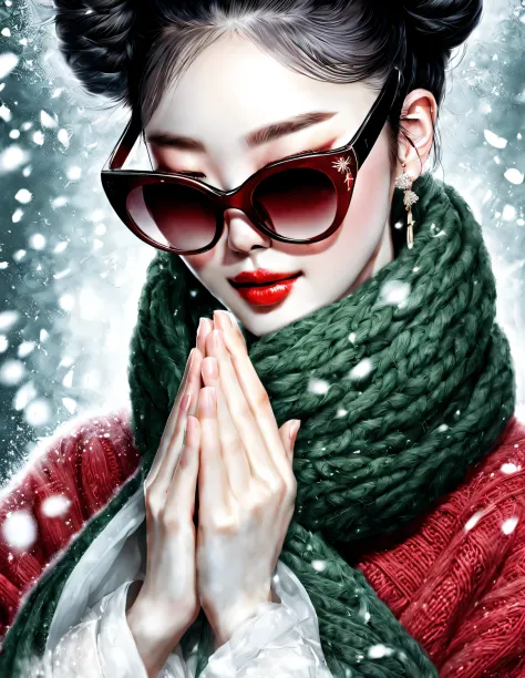 close up，(Modern art fashion character design), Very unified CG, (半身close up), falling snow background, snowfall,
(a beautiful c...