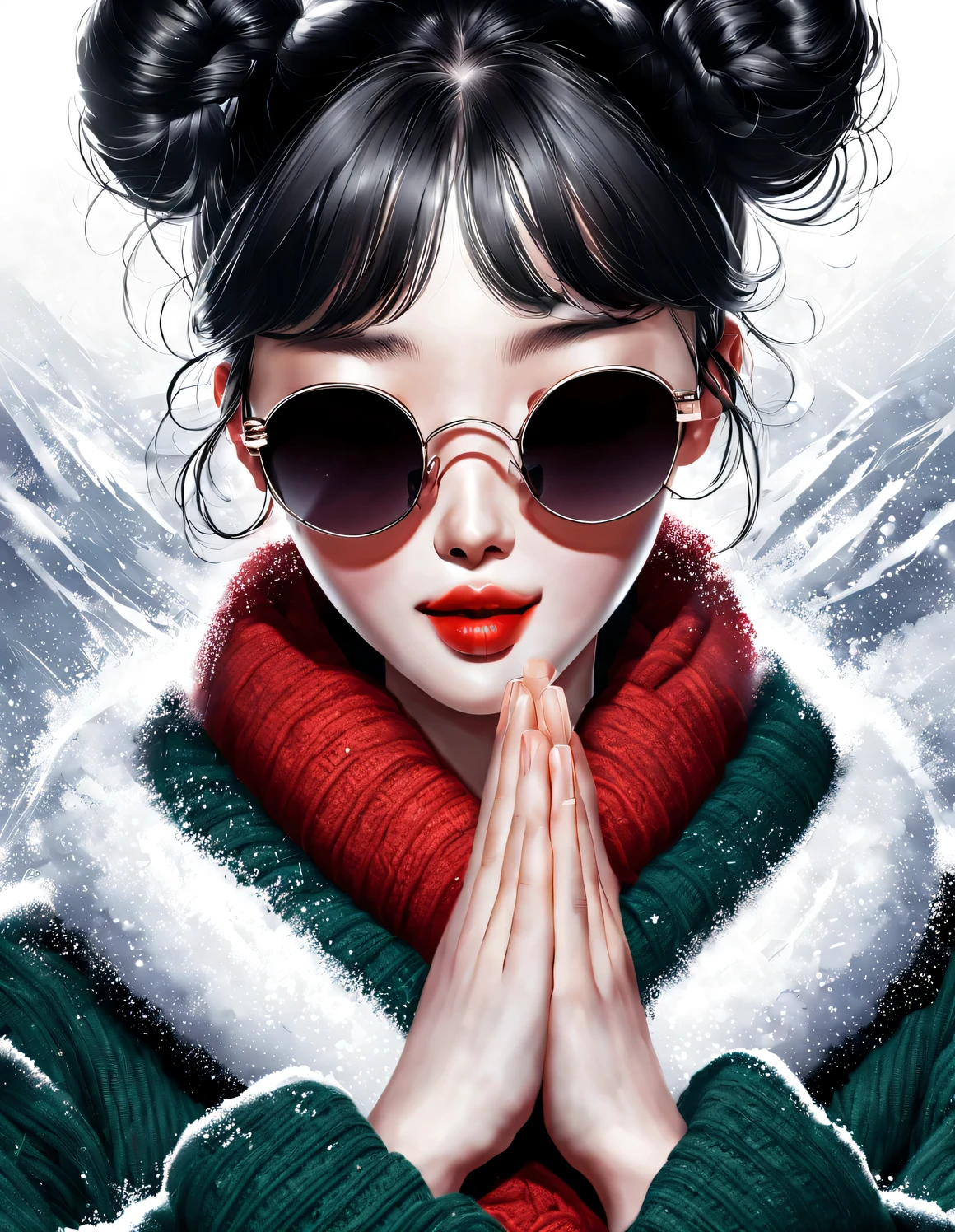 확대，(현대 미술 패션 캐릭터 디자인), 매우 통일된 CG, (半身확대), 떨어지는 눈 배경, 강설량,
(아름다운 중국 여자，온화한 미소로，두 손을 모아 기도하다), (과장된 빨간색 넓은 모직 스카프가 얼굴의 절반을 덮었습니다.: 1.1), (짙은 녹색 스웨터와 재킷: 1.1), (검은 색 선글라스를 착용，머리를 롤빵으로 빗어주세요: 1.2), 클래식과 모던의 조화로운 조화, 소녀의 뽀얗고 결점 없이 매끈한 피부, 높은 콧대, 머리를 든 자세, 슬프면서도 아름답다, 날씬한 몸매, 절묘한 얼굴 특징, 소용돌이 치는 안개 그림, 수묵화, 흑발, 미트볼, 자랑스러운, 초현실주의, 현대 미술 사진, 액션 페인팅 일러스트레이션, 추상 표현주의, 픽사, 피사계 심도, 모션 블러, 백라이트, 방사능, 감소, 헤드업 각도, 소니 FE 총괄 매니저, 초고화질, 걸작, 정확한, 질감 있는 피부, 슈퍼 디테일, 높은 디테일, 고품질, 수상 경력이 있는, 최고의 품질, 수준, 16,000, 상향식 관점에서 촬영, 흥미로운,