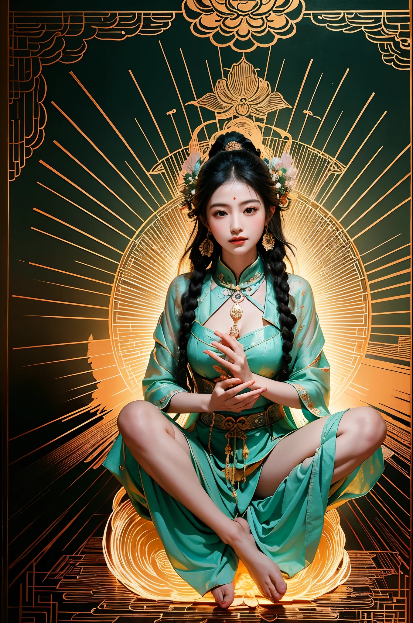 ancient chinese goddess, guanyin of the southern seas, guanyin, inspired by india, Avalokiteşvara rides in Phoenix，,calm expression,Shui Mohua,Buddha,Buddha教徒,lotus,chinese painting style,thangka style