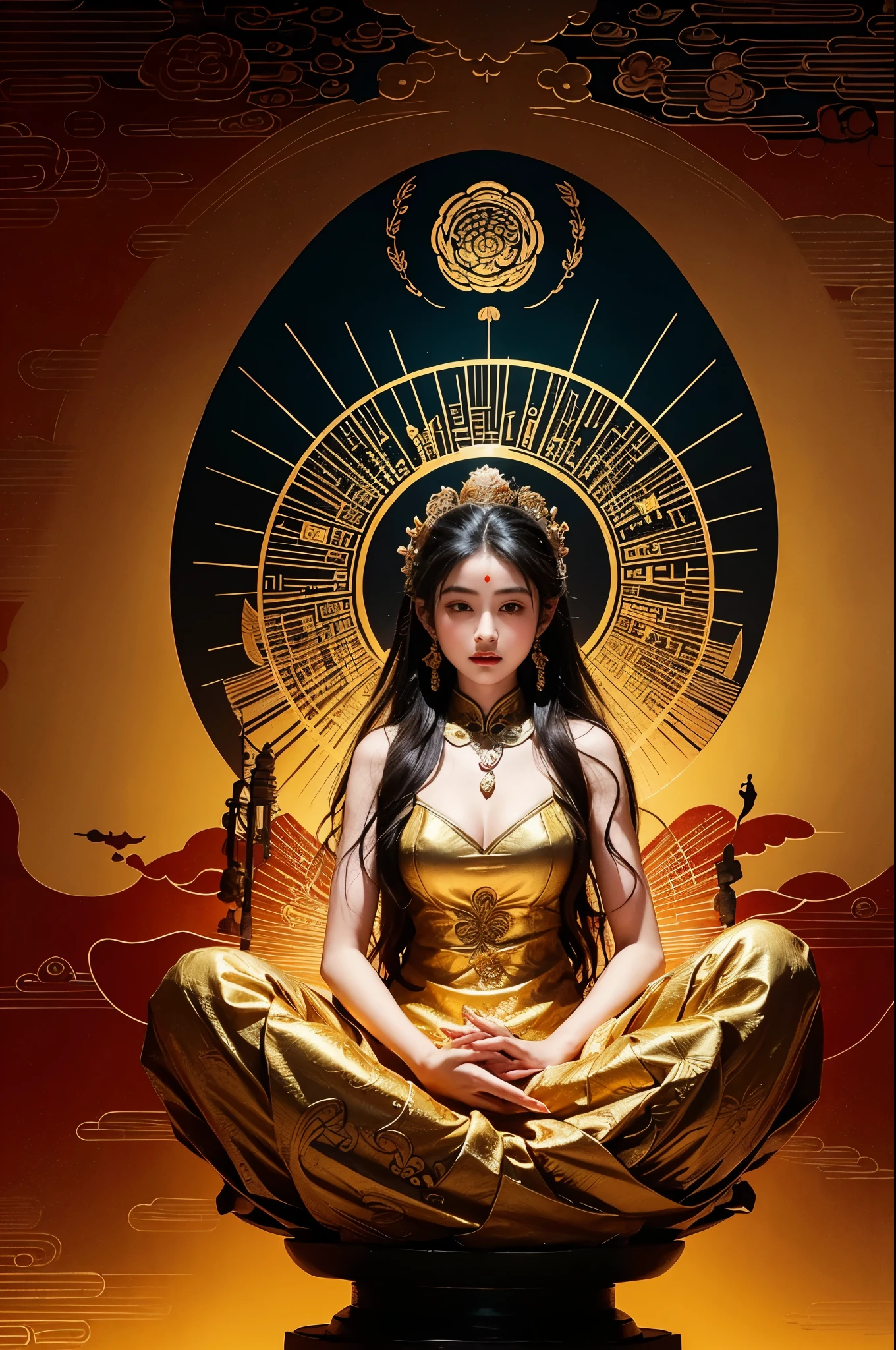 ancient chinese goddess, guanyin of the southern seas, guanyin, inspired by india, Avalokiteşvara rides in Phoenix，,calm expression,Shui Mohua,Buddha,Buddha教徒,lotus,chinese painting style,thangka style