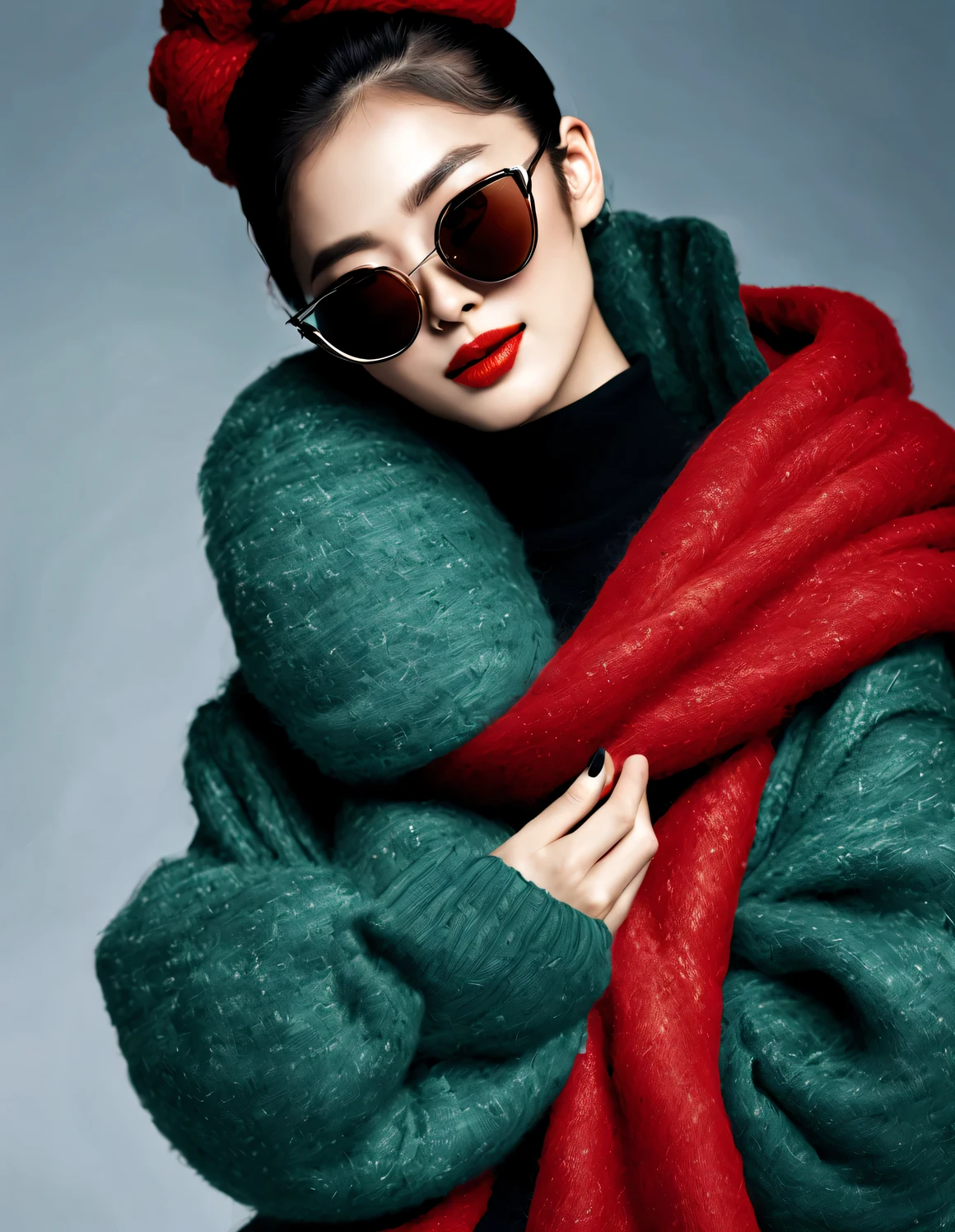 close up，(Modern art fashion character design), Very unified CG, (半身close up), Falling snow background, (Beautiful Chinese girl gentle smile), (The red exaggeratedly large woolen scarf covered half of the face: 1.1), (Dark green sweater jacket: 1.1), (wearing black sunglasses and combing a bun tou: 1.2), Harmonious combination of classic and modern, Girl fair and flawless smooth skin, high nose bridge, Head up posture, sad yet beautiful, slender figure, Exquisite facial features, swirling fog illustration, ink painting, black hair, bun tou, Proud. Surrealism, contemporary art photography, graphic action painting, abstract expressionism, Pixar, depth of field, motion blur, backlight, radiation, decline, Head up angle, Sony FE General Manager, ultra high definition, masterpiece, accurate, textured skin, Super details, high detail, high quality, Award-winning, best quality, Level, 16k, Photographed from a bottom-up perspective, interesting,