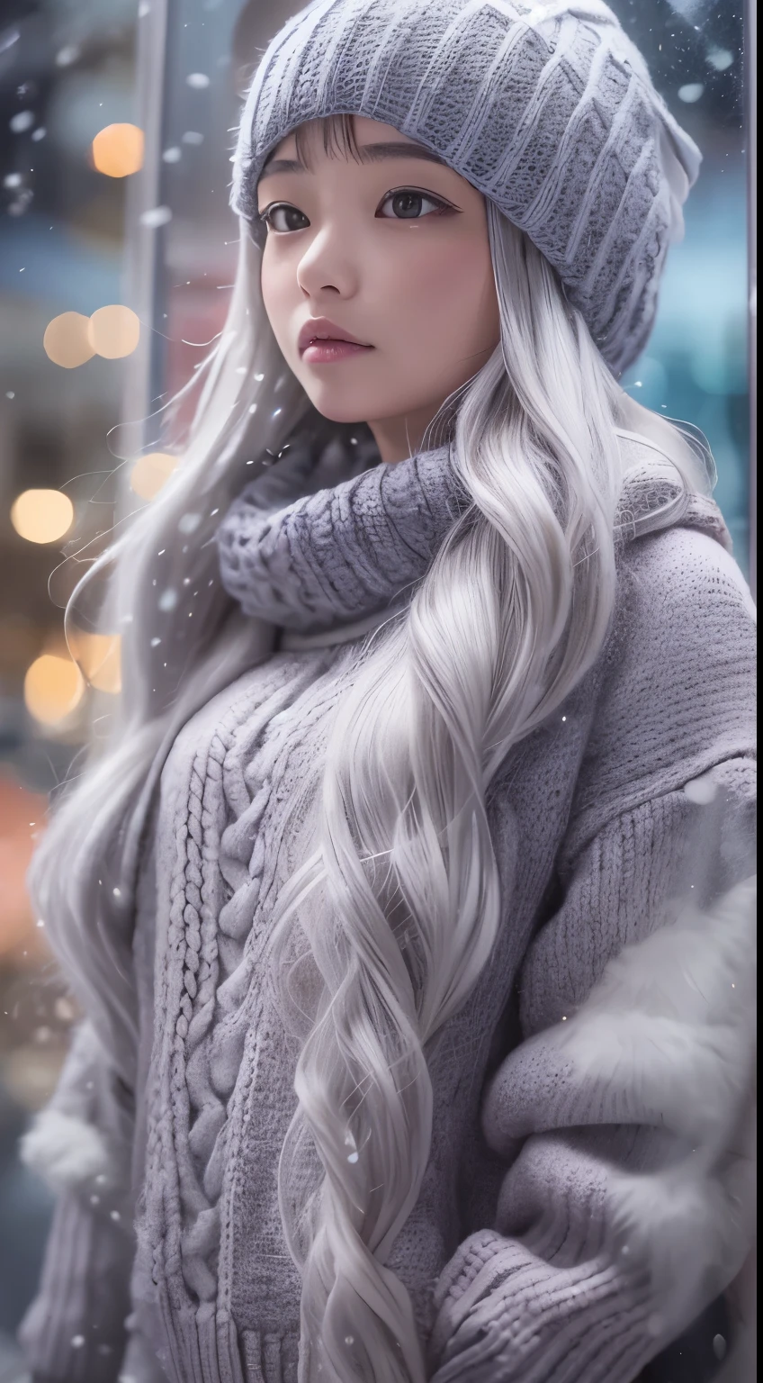 stand in front of the Christmas show window, japanese woman,  (oversized knitted sweater:1.3), snowing, pupils sparkling, silver long hair, depth of field, f/1.8, anatomically correct, textured skin, super detail, high details, high quality, super detail, high details, high quality, best quality, highres