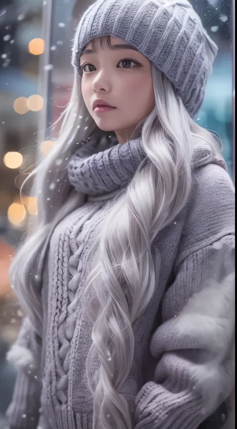 stand in front of the Christmas show window, japanese woman,  (oversized knitted sweater:1.3), snowing, pupils sparkling, silver...