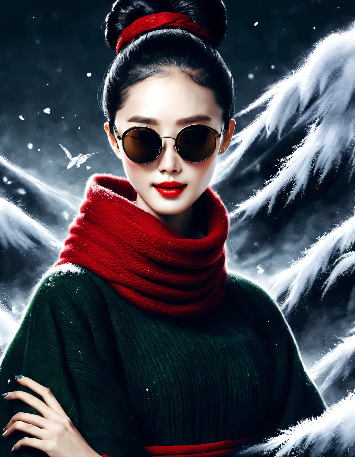 close up，(Modern art fashion character design), Very unified CG, (半身close up), Falling snow background, (Beautiful Chinese girl gentle smile), (The red exaggeratedly large woolen scarf covered half of the face: 1.1), (Dark green sweater jacket: 1.1), (wearing black sunglasses and combing a bun tou: 1.2), Harmonious combination of classic and modern, Girl fair and flawless smooth skin, high nose bridge, Head up posture, sad yet beautiful, slender figure, Exquisite facial features, swirling fog illustration, ink painting, black hair, bun tou, Proud. Surrealism, contemporary art photography, graphic action painting, abstract expressionism, Pixar, depth of field, motion blur, backlight, radiation, decline, Head up angle, Sony FE General Manager, ultra high definition, masterpiece, accurate, textured skin, Super details, high detail, high quality, Award-winning, best quality, Level, 16k, Photographed from a bottom-up perspective, interesting,