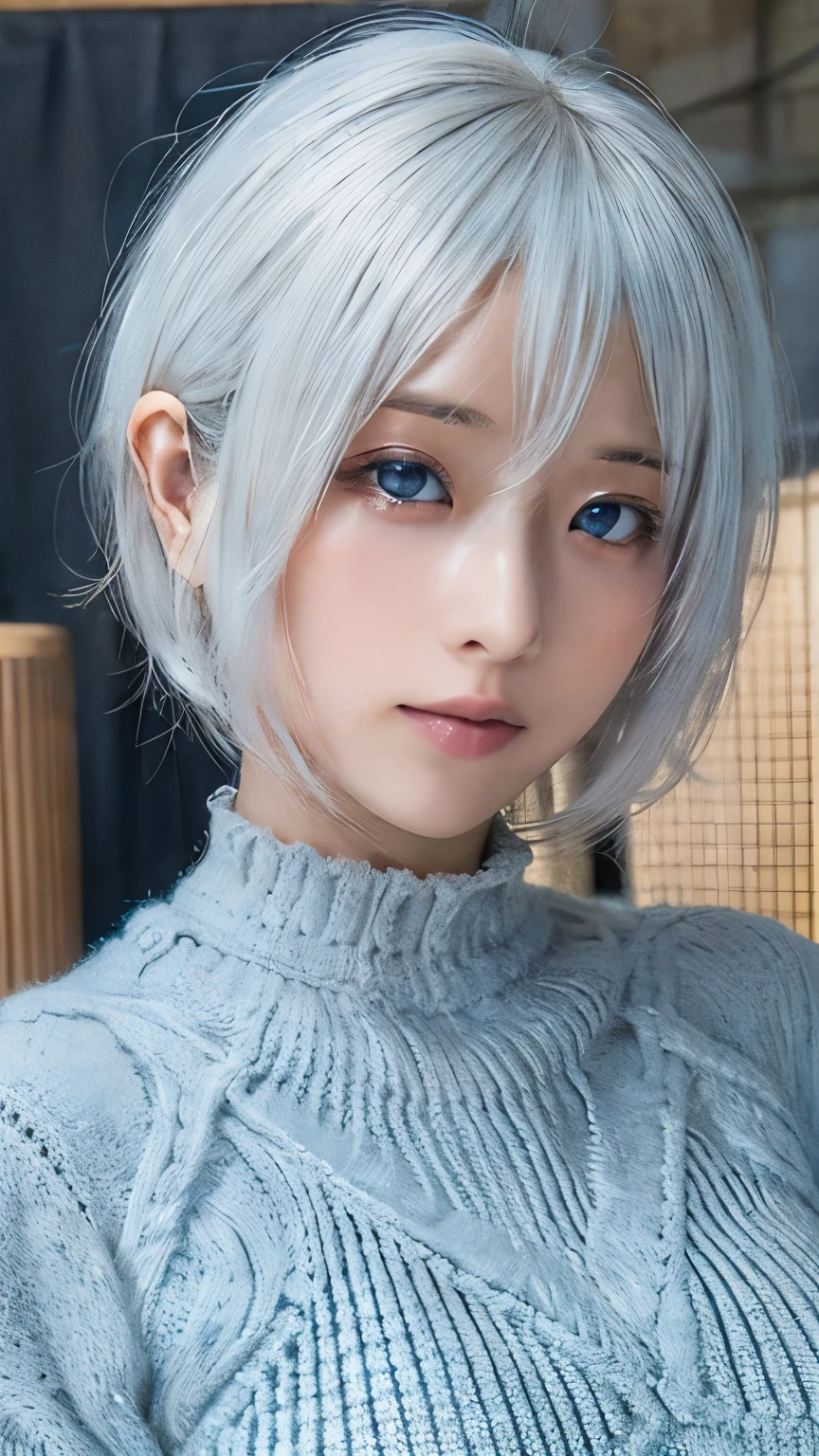 ((High quality)),masutepiece,(Detailed depiction of local details:1.2),1girl in,Blue eyes,large full breasts,Closed mouth,Eyelashes,Looking at Viewer,Portrait,Solo,Upper body,White hair,White knit sweater,Short hair,Silver hair,shairband,Yorha No. 2 Type B,