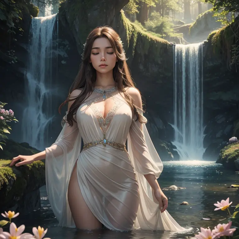 Hyper-realistic 3D of a beautiful woman, with long brown hair, is under a waterfall, enveloped in a magical atmosphere.  The cry...