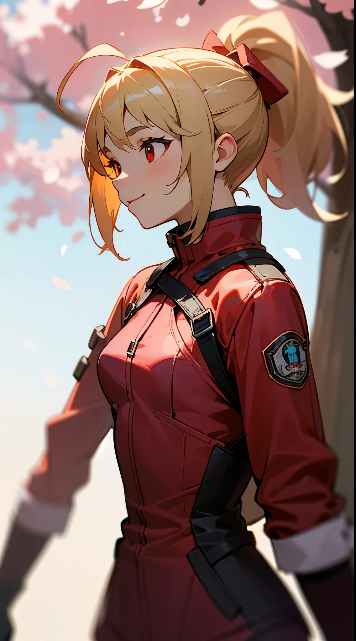 
(highest quality、Super detailed、reality)、Energetic girl、high school girl、small breasts、Red Riders Jacket、blonde、red eyes、ponytail、Ahoge、From the side、gloves、bright smile、stand in front of a street tree、Upper body close-up、Sakura Park、sharp outline