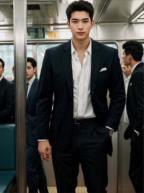 1人，A 20-year-old man in the subway，Standing in a subway car，wearing suit, business man style，leg apart，musculous，Handsome，Look a...