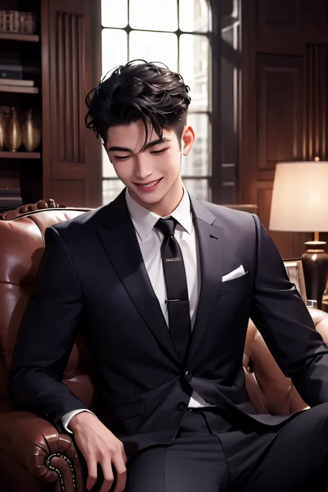 masterpiece，best quality，Ultra-detailed，1boy，individual，black hair，Laugh wildly，Close eyes，Modern furniture，Suit，