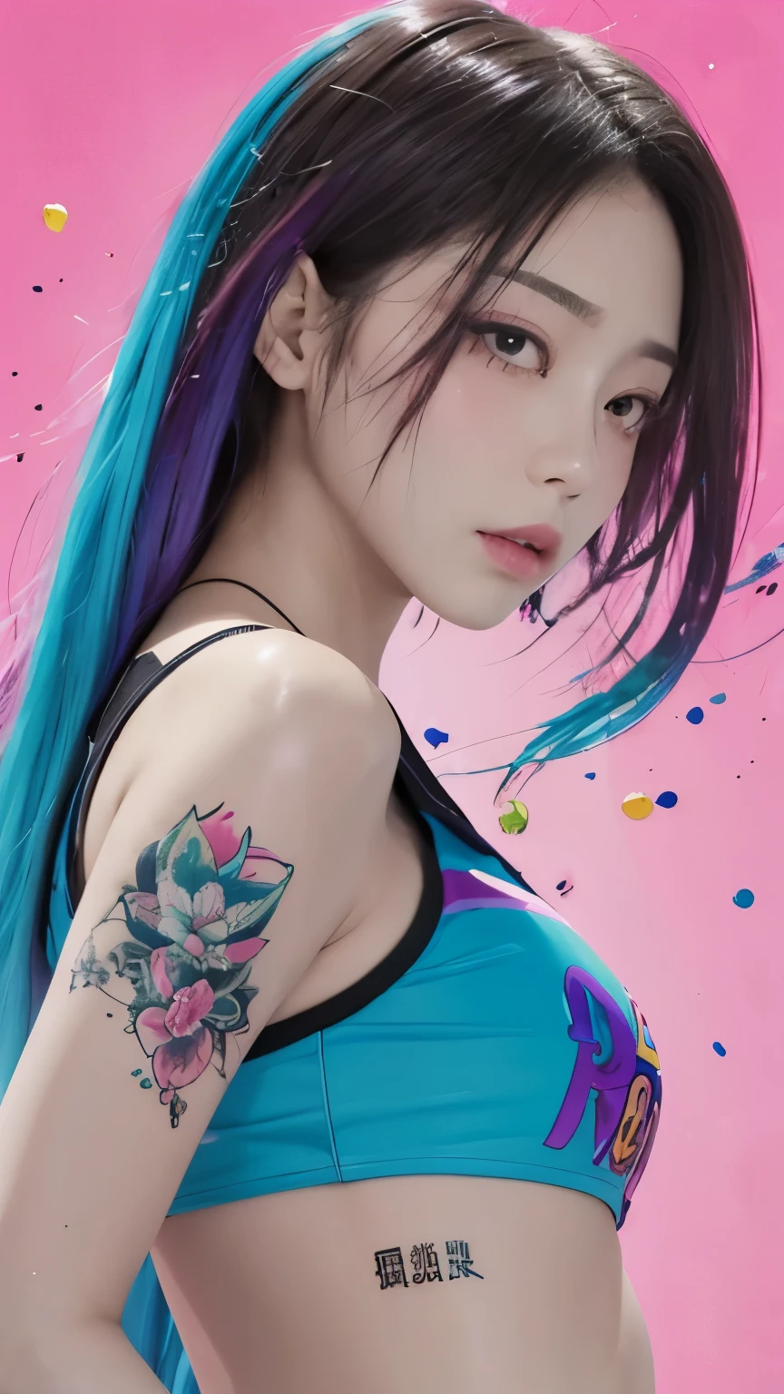 （master piece、best quality、High resolution），（（paint splatters，splash of color，splash ink、Skipping color）），Sweet Chinese Girl，rainbow hair，pink reprontage，Upper body，The facial expression is attractive，detailed，highlight，Tears mole，Has tattoos，frivolous、Cheerleader