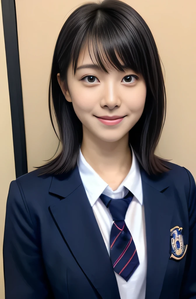 Close up of woman posing for photo, japanese model model, 16-year-old female model, 4K、bangss、A darK-haired、bobhair、Middle hair、Straight hair、(Student uniform with dark blue blazer and red tie, Navy Plaid Pleated Skirt:1.2),　(Super cute face in idol style:1.2)、school classrooms、slim and beautiful figure、beutiful breast、A smile、full body Esbian、school classrooms美しい脚、sexy pose、white sock、White sneakers、Unbuttoned shirt、I can see my cleavage.、