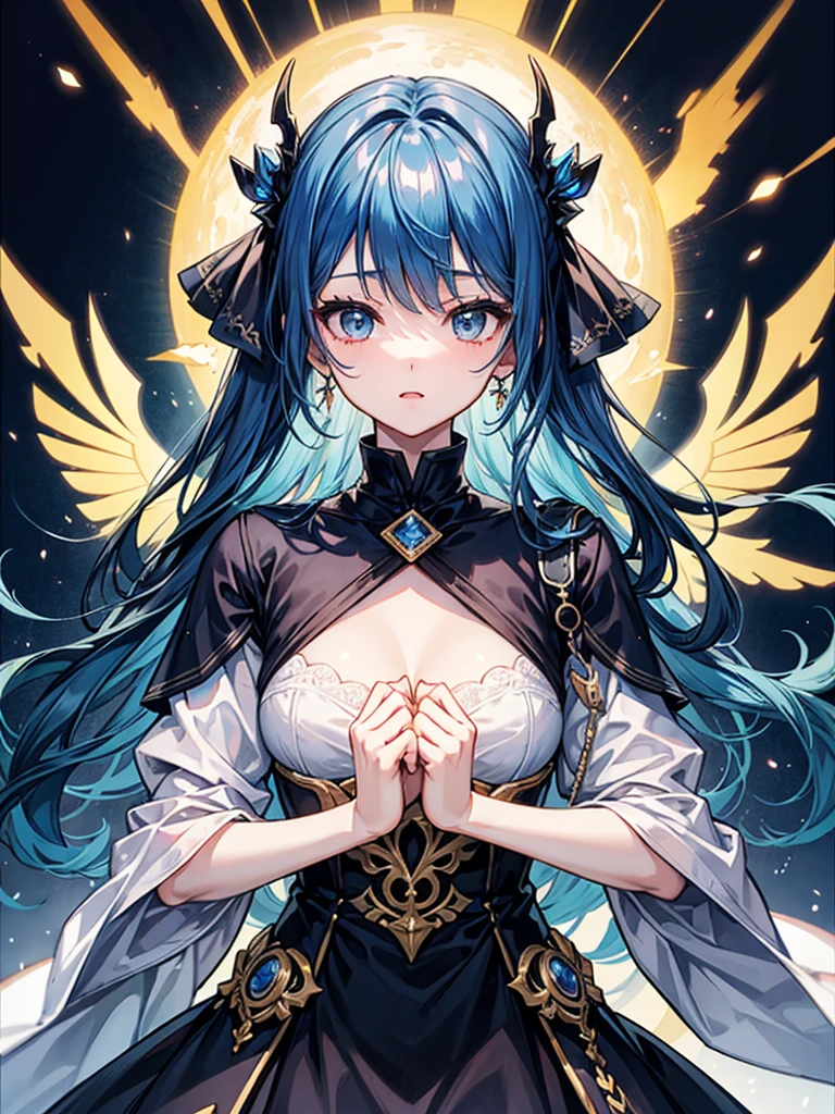 （（（masterpiece、Highest image quality、highest quality、highly detailed unity 8ｋwallpaper）））、（（Illustration of one girl、upper body））、（（（beautiful girl）））、（librarian）、blue hair、（stocky build, thickset physique：1.3, broad shoulders, solid chest）、（（（flat chest）））、librarian服