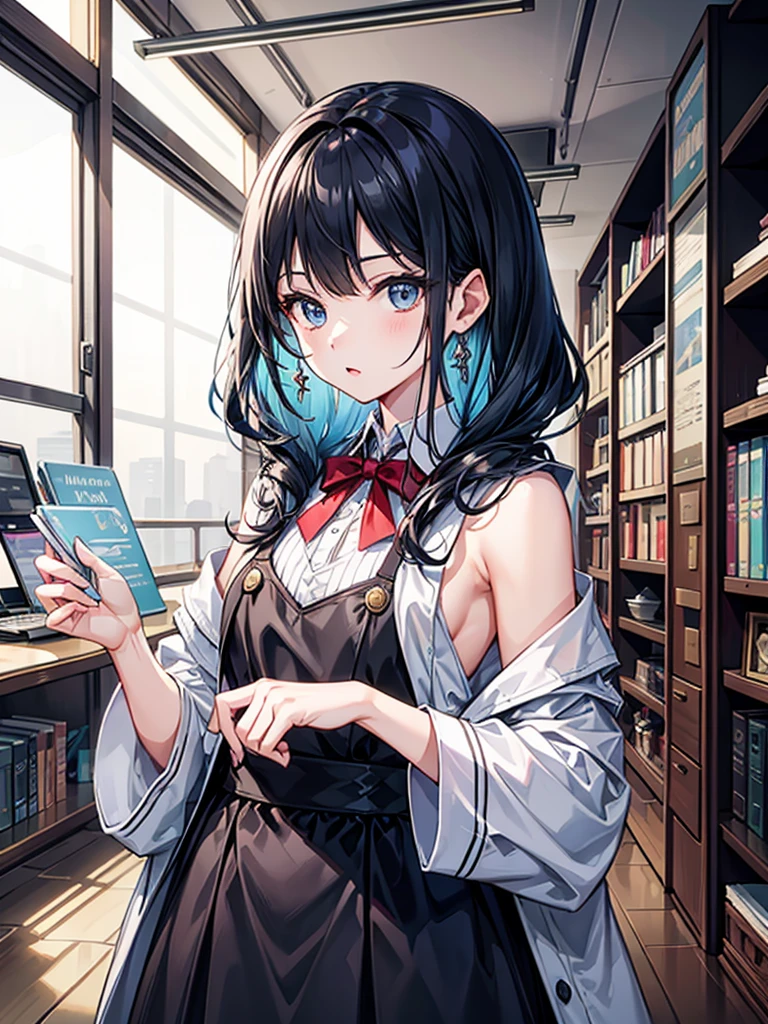 （（（masterpiece、Highest image quality、highest quality、highly detailed unity 8ｋwallpaper）））、（（Illustration of one girl、upper body））、（（（beautiful girl）））、（librarian）、blue hair、（stocky build, thickset physique：1.3, broad shoulders, solid chest）、（（（flat chest）））、librarian服